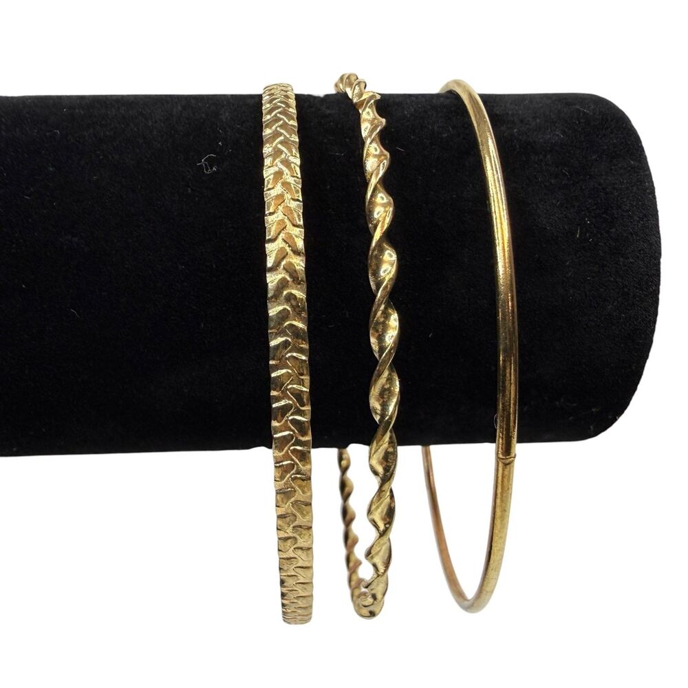 Fashion Bangle Bracelets Set of 3 Gold Tone Stackable Twisted Chevron Smooth 9"
